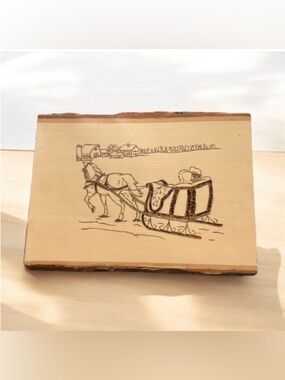 Pencil Drawing Wood Plank Horse Drawn Sled Winter Farm Snow Christmas 8"H X11" L